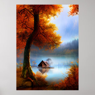 Póster Clásico Otoño una cabaña a árboles del lago hojas 