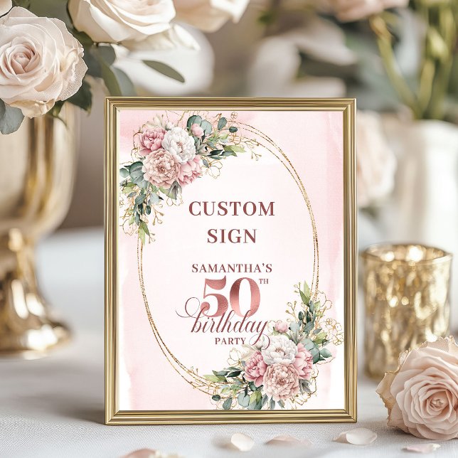 Póster Clásico Personalizado Rosa Dorado Cumpleaños 50 Pe (Personalized Classic Rose Gold 50th Birthday Custom Sign)