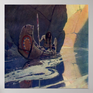 Póster Clásico Remo de Canoa India Vintage con Sol