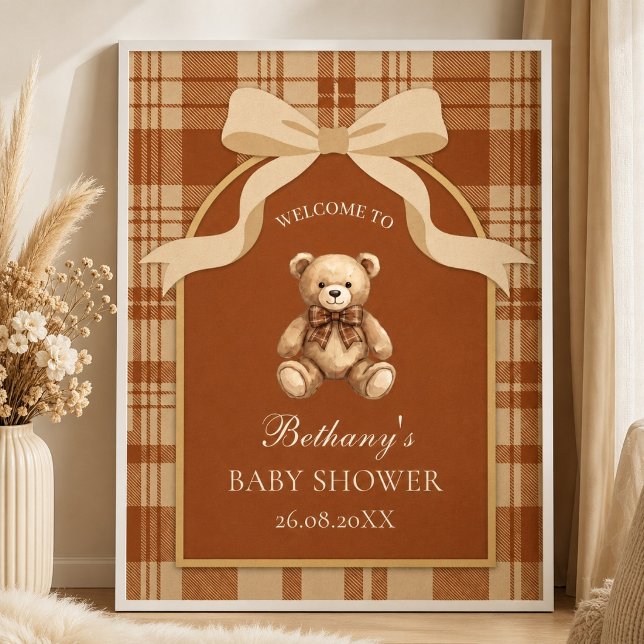 Póster Clásico Teddy Bear de cuadros de bienvenida Preppy (Classic Preppy Teddy Bear Plaid Welcome Poster)