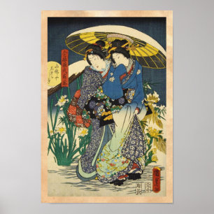 Póster Clásico ukiyo-e dos geishas con paraguas