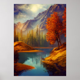 Póster Classic Autumn mountains Lake trees crimson leaves