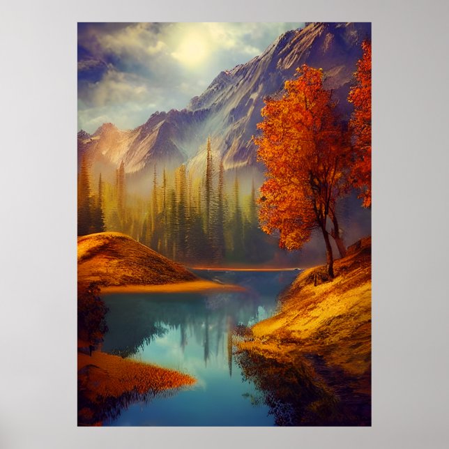 Póster Classic Autumn mountains Lake trees crimson leaves (Frente)