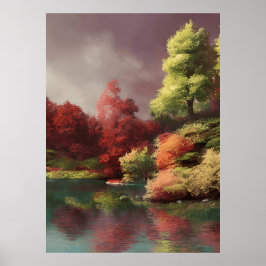 Póster Classic Autumn view of a Lake trees crimson leaves