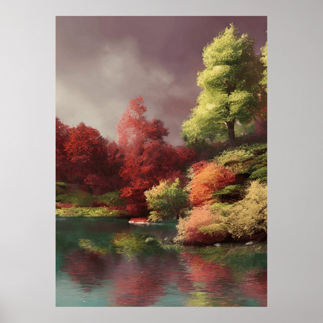 Póster Classic Autumn view of a Lake trees crimson leaves (Frente)