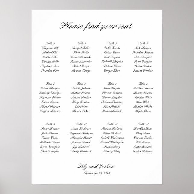 Póster Classic Black and White Wedding Seating Chart (Frente)