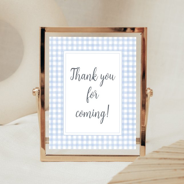 Póster Classic Blue Gingham Gracias por venir (Boy Gingham Baby Shower Thank You for Coming Sign)