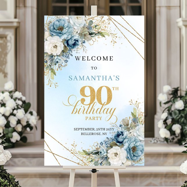 Póster Classic boho blue florals eucalyptus 90th birthday (Classic boho blue florals eucalyptus 90th birthday sign

)