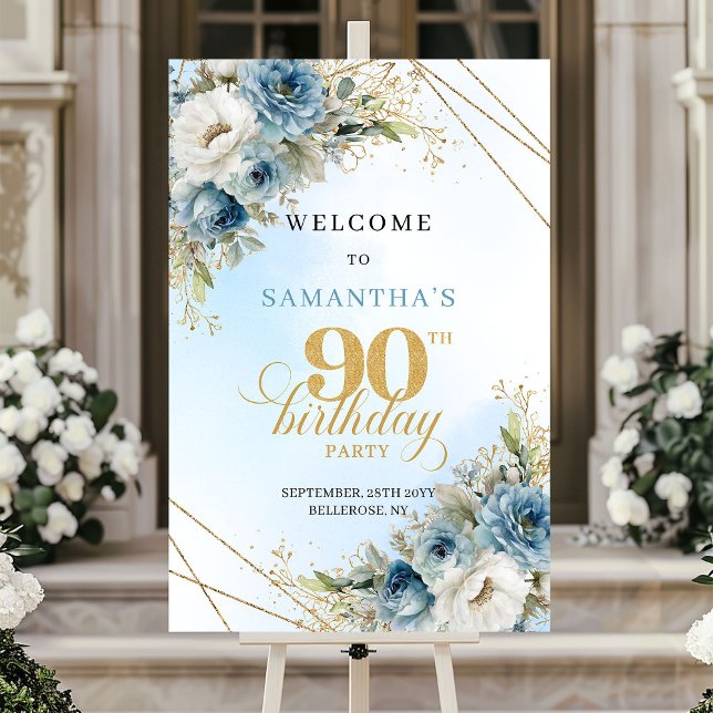 Póster Classic boho blue florals gold frame 90th birthday (Classic boho blue florals gold frame 90th birthday sign

)