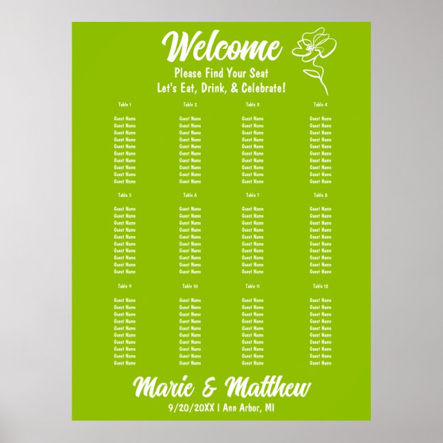 Póster Classic Citrus Green Floral Wedding Seating Chart (Frente)