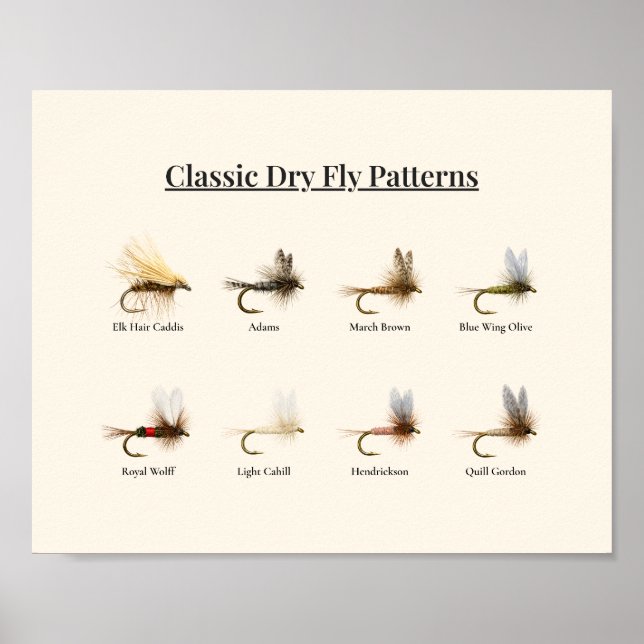 Póster Classic Dry Fly Patterns Art Print – 8 Patterns (Frente)