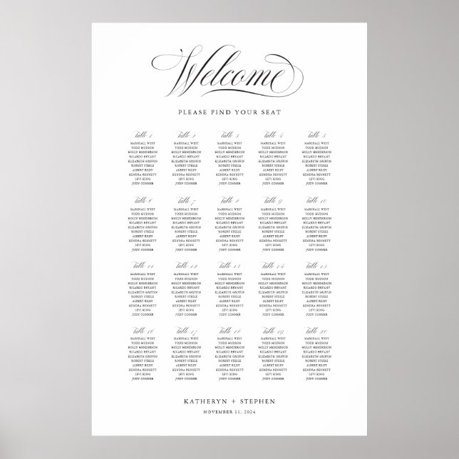Póster Classic Elegant Wedding Seating Chart Sign (Frente)