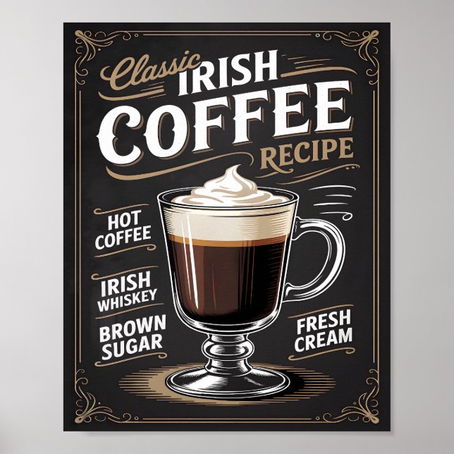 Póster  Classic Irish Coffee Recipe Vintage  (Frente)