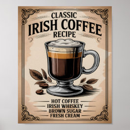Póster Classic Irish Coffee Recipe Vintage Rustic Kitchen