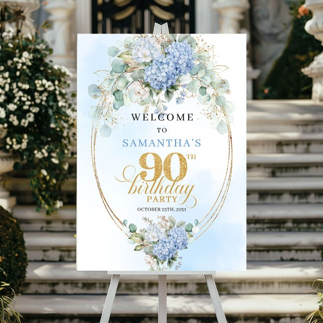 Póster Classic Light Blue Eucalyptus 90 Birthday Welcome (Classic Light Blue Eucalyptus 90th Birthday Welcome)