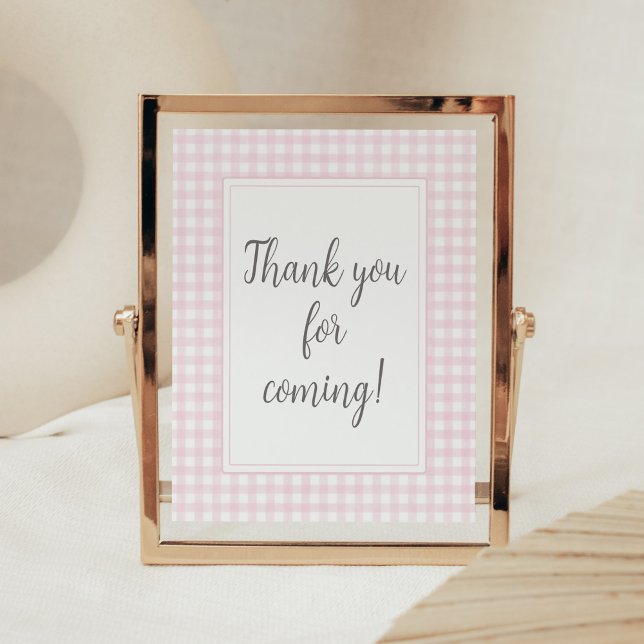 Póster Classic Pink Gingham Gracias por venir (Girl Gingham Baby Shower Thank you for Coming Sign)