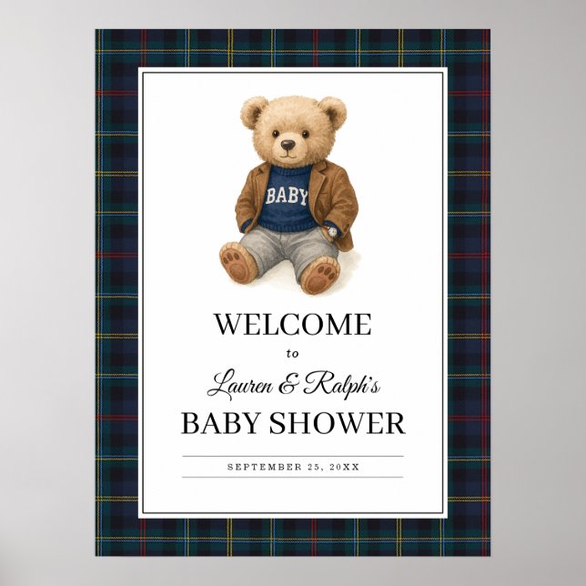 Póster Classic Plaid Teddy Bear Baby Shower Poster (Frente)
