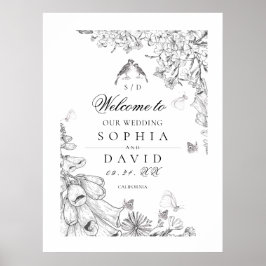 Póster Classic White Black Floral Wedding Welcome 
