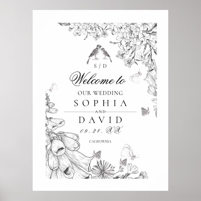 Póster Classic White Black Floral Wedding Welcome  (Frente)