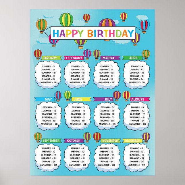 Póster Classroom Birthday Board in Hot Air Balloon Theme (Frente)