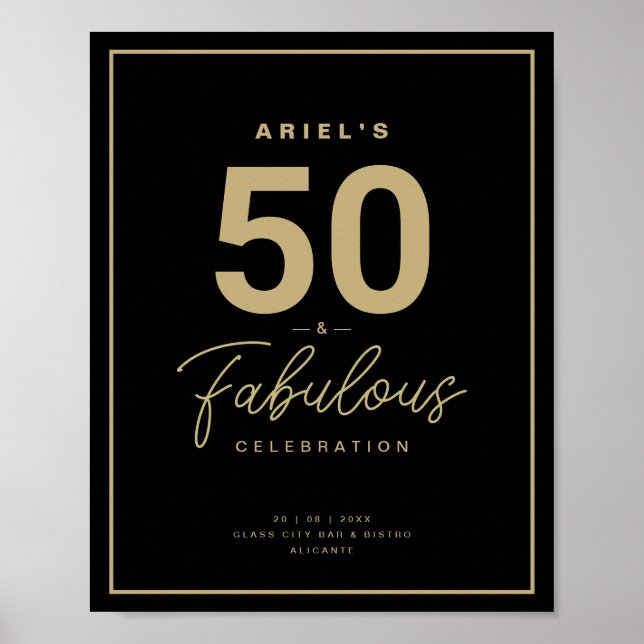 Póster Classy Black & Gold 50 & Fabulous Birthday Party (Frente)