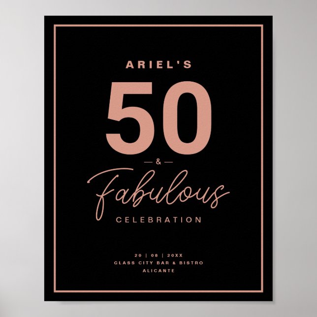 Póster Classy Black Rosa Gold 50&Fabulosa fiesta de cumpl (Frente)