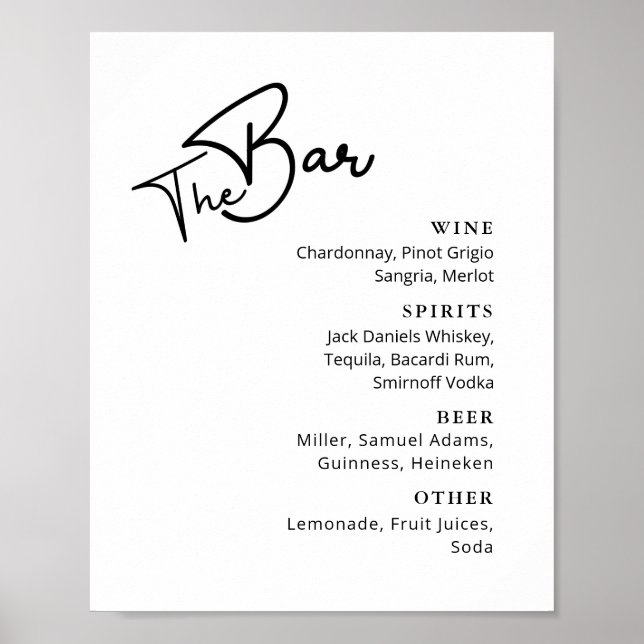 Póster Classy Black white typography boda bar menú Pos (Frente)