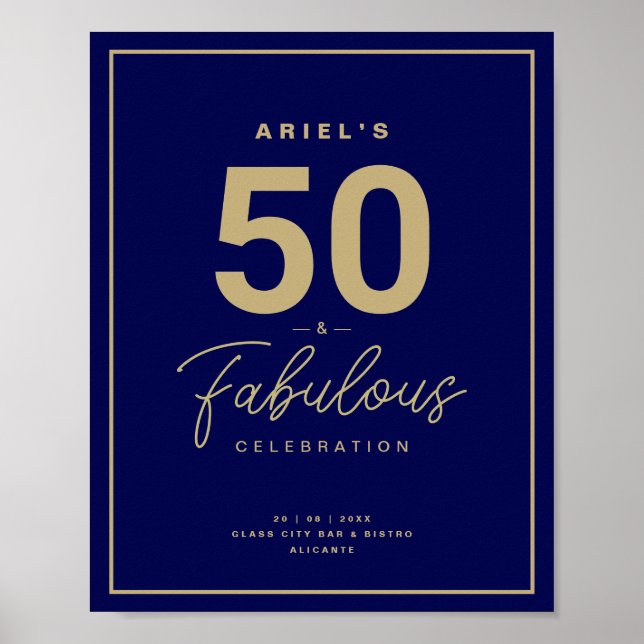 Póster Classy Blue & Gold 50 y fabulosa fiesta de cumplea (Frente)