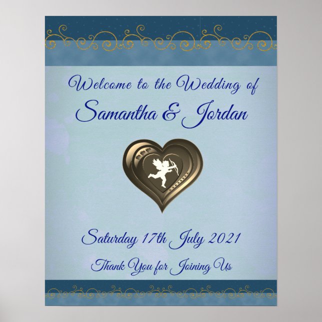 Póster Classy Cupid in Heart, Blue & Gold Welcome Poster (Frente)