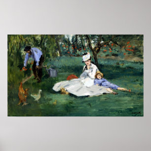 Póster Claude Monet, la familia Monet en su jardín