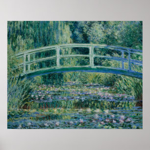 Póster Claude Monet - Nieves por el agua y puente japonés