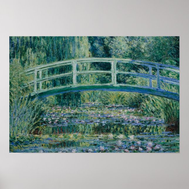 Póster Claude Monet - Nieves por el agua y puente japonés (Frente)