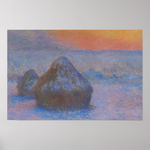 Póster Claude Monet - Pilas de trigo - atardecer, nieve
