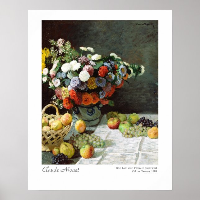 Póster Claude Monet sigue viviendo con flores y fruta (Frente)