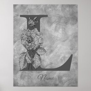 Póster Claveles Elegante Monograma Inicial L Personalizad