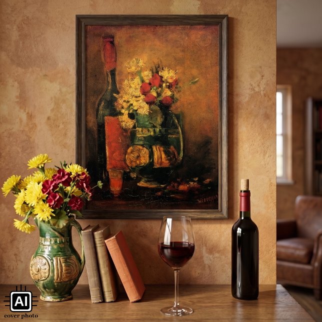 Póster Claveles, Rosas y una Botella por Vincent van Gogh (Vase with Carnations, Roses and Bottle by Vincent van Gogh is a vintage post impressionism painting.)