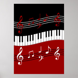Póster Claves y notas de piano blanco rojo y negro elegan