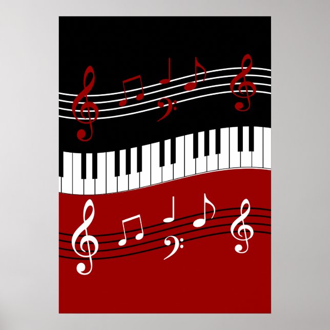 Póster Claves y notas de piano blanco rojo y negro elegan (Frente)
