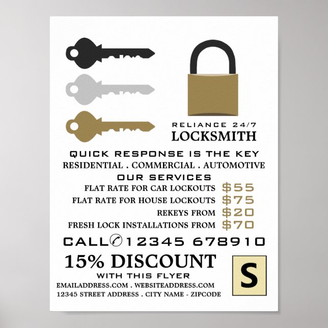 Póster Claves y Padlock, publicidad de locksmith (Frente)