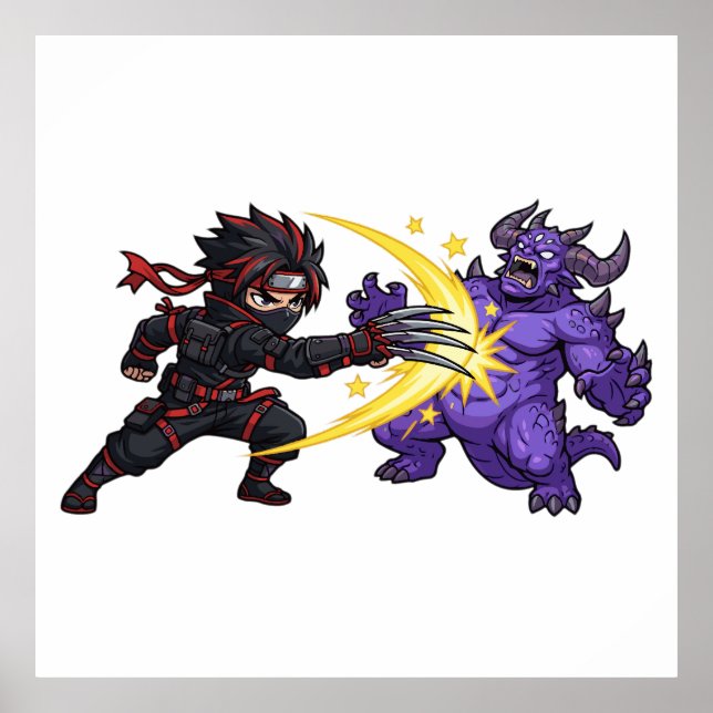 Póster Claw Strike Ninja vs Monstruo Chibi Anime Juego RP (Frente)