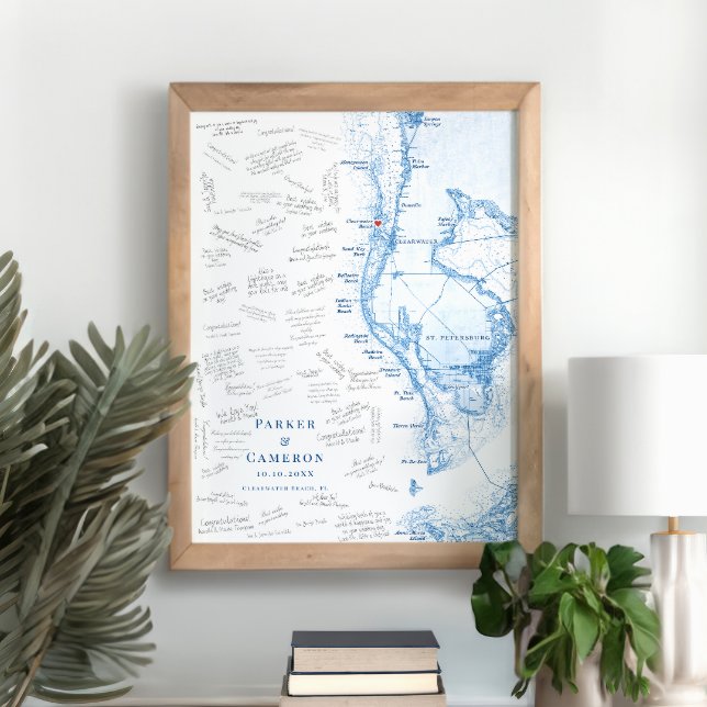 Póster Clearwater Beach FL Map Boda Poster del Libro de H (Clearwater Beach FL alternative guest book poster in elegant navy blue from Coastal Map Designs)
