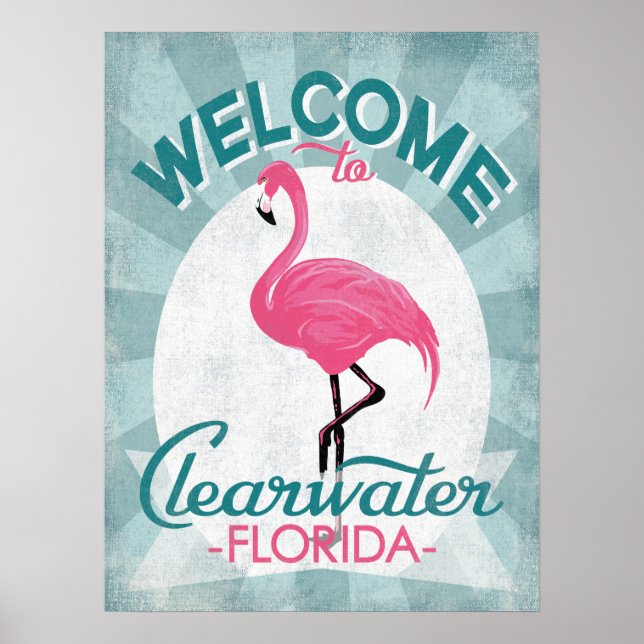 Póster Clearwater Florida Pink Flamingo Retro (Frente)