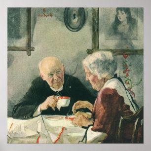 Póster Clérigos, café o té de época con sacerdote