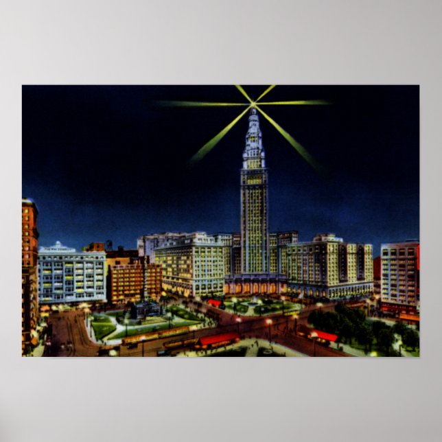 Póster Cleveland Ohio Skyline de noche (Frente)
