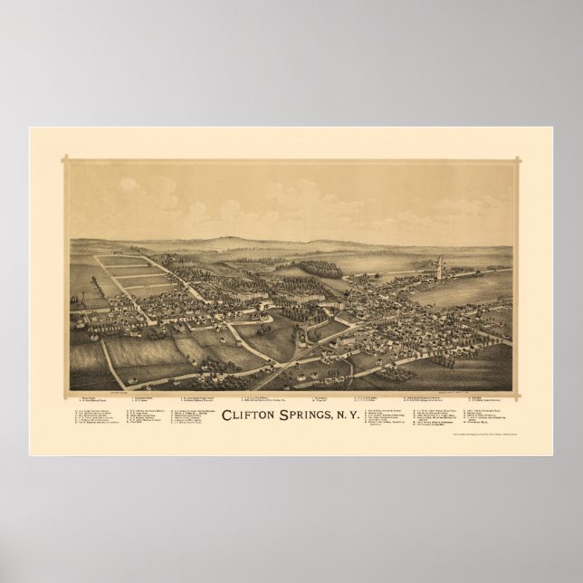 Póster Clifton Springs, Mapa Panorámico NY - 1892 (Frente)