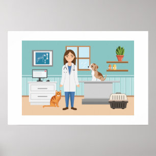 Póster Clínica Veterinaria Mujer Vet Con Gato Y Cachorro