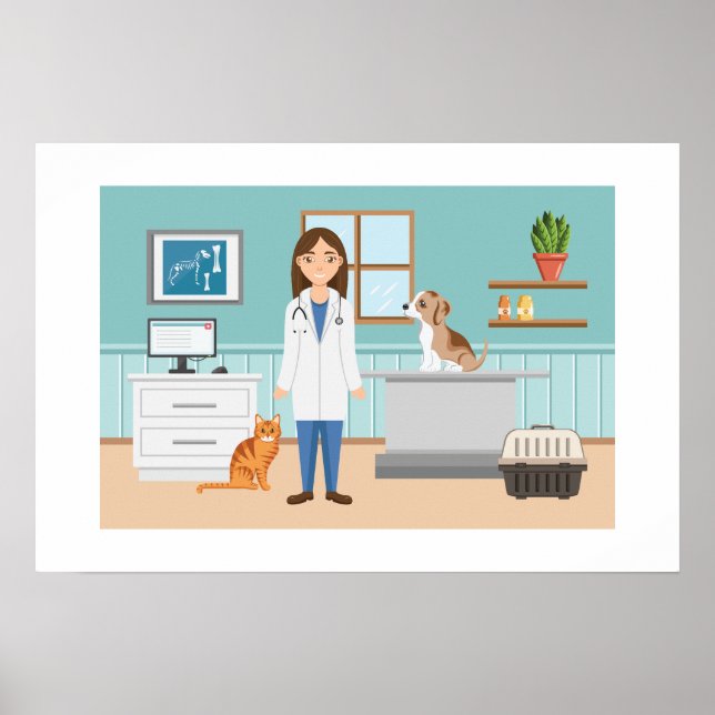 Póster Clínica Veterinaria Mujer Vet Con Gato Y Cachorro (Frente)