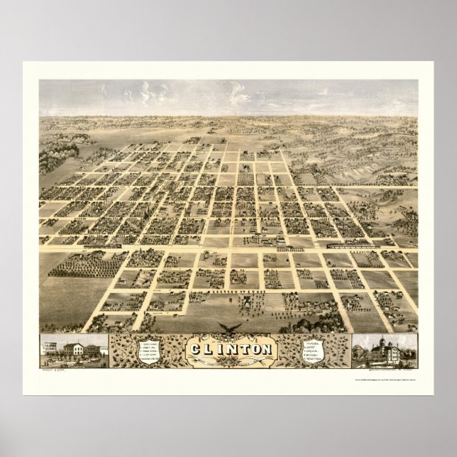 Póster Clinton, Mapa Panorámico de IL - 1869 (Frente)