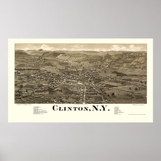 Póster Clinton, Mapa Panorámico de Nueva York - 1885 (Frente)