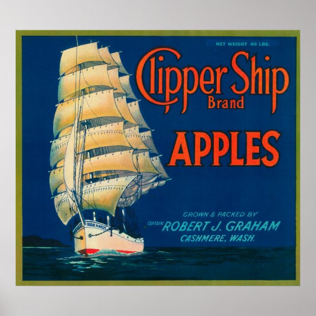 Póster Clipper Ship Apple Label (green) - Cashmere, WA (Frente)